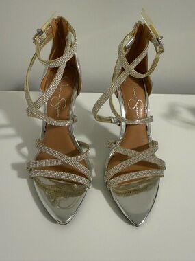 Jessica Simpson Silver Rhinestone Strappy Pointed-Toe Heels